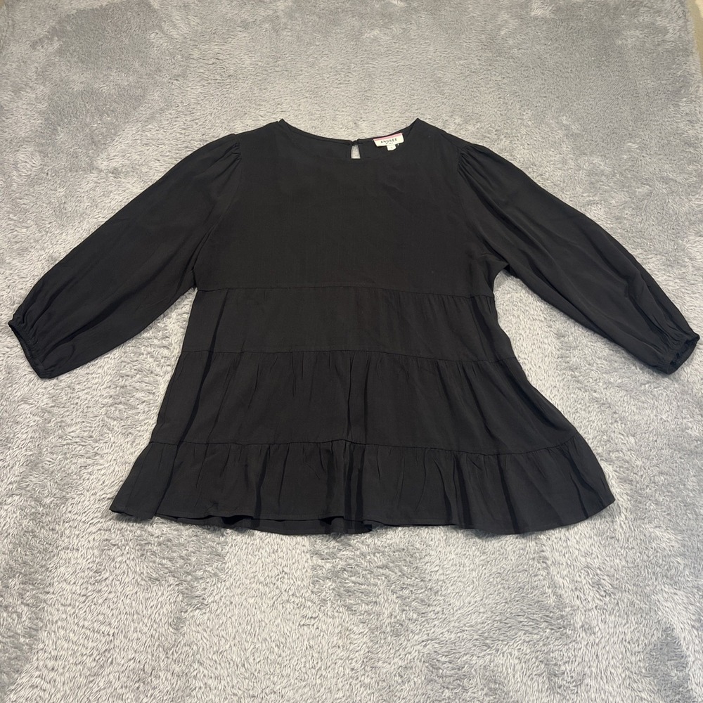 Andree by Unit Tiered Babydoll Puff Sleeve Blouse Black Women Small